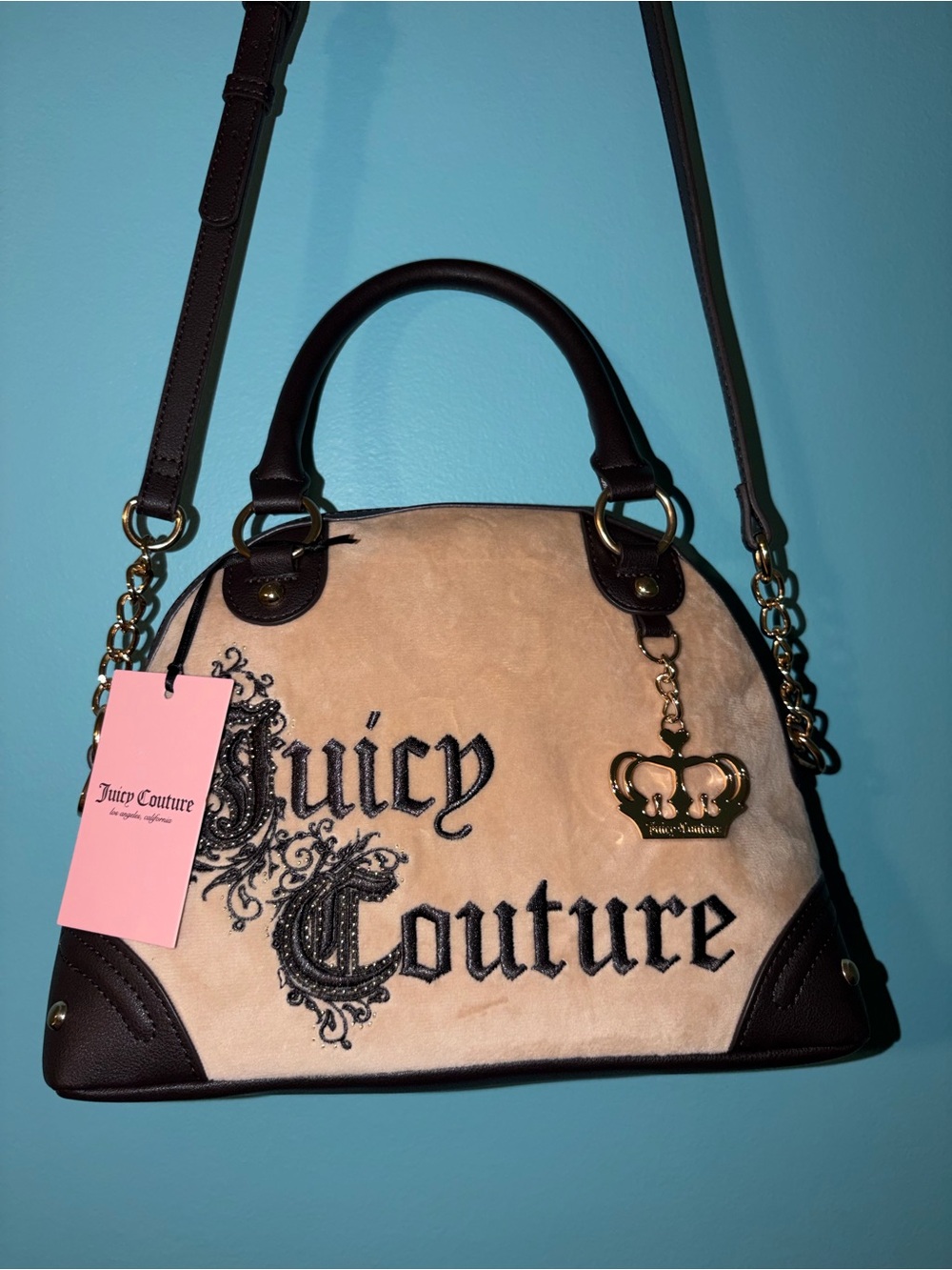 Juicy Couture Beige and Brown Dome Satchel with Gold Charm- Velvety Soft! NWT! - Picture 5 of 7